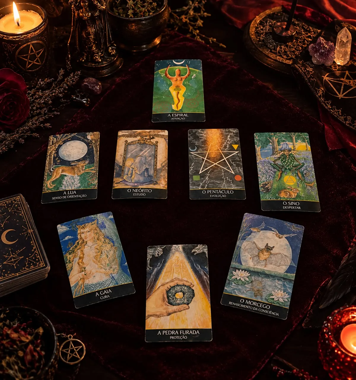 Cartas de oráculo abertas sobre veludo vinho, com velas, cristais, pentagramas e rosas secas