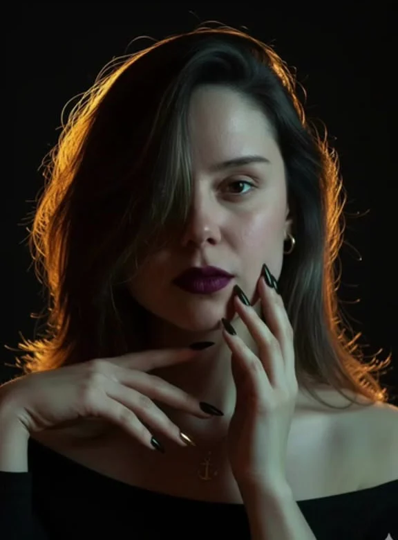 Retrato de Paola da Farrapo no escuro, com luz quente de lado, batom escuro e unhas pretas